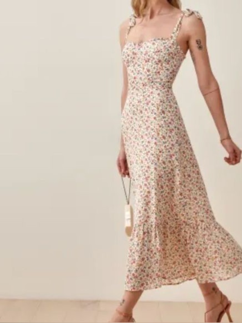 Reformation Nikita Dress Sz 12 Floral Midi Tie Strap Smocked Back